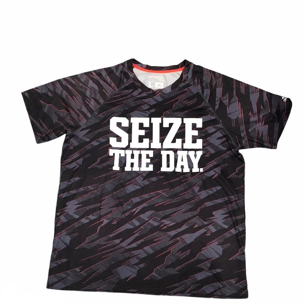 ADIDAS REFRESH SEIZE THE DAY TEE BLACK/GRAY/ORANGE SIZE LARGE